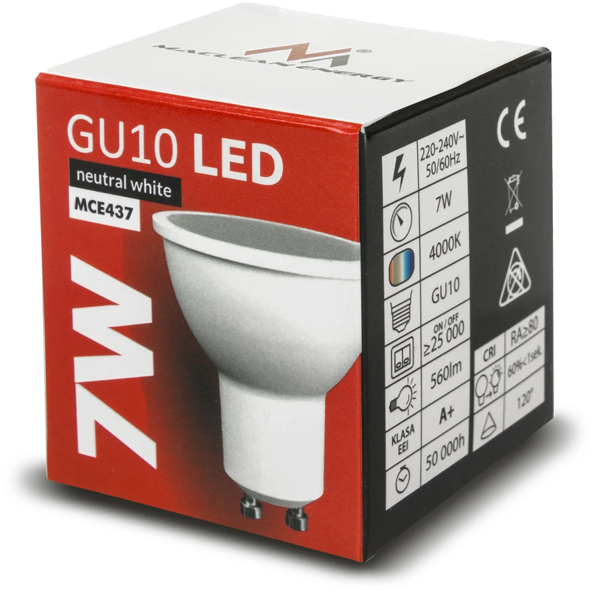 „Maclean“ LED lemputė, GU10, 7 W, 220–240 V, 50/60 Hz, šiltai balta, 3000 K, 490 liumenų, MCE437 WW