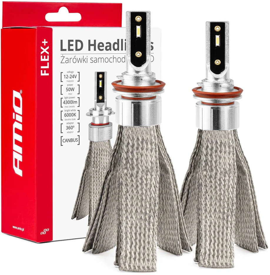 LED žibintų lemputės FLEX+ Series H8 H9 H11 H16 canbus 6000K 12-24V AMIO-03663