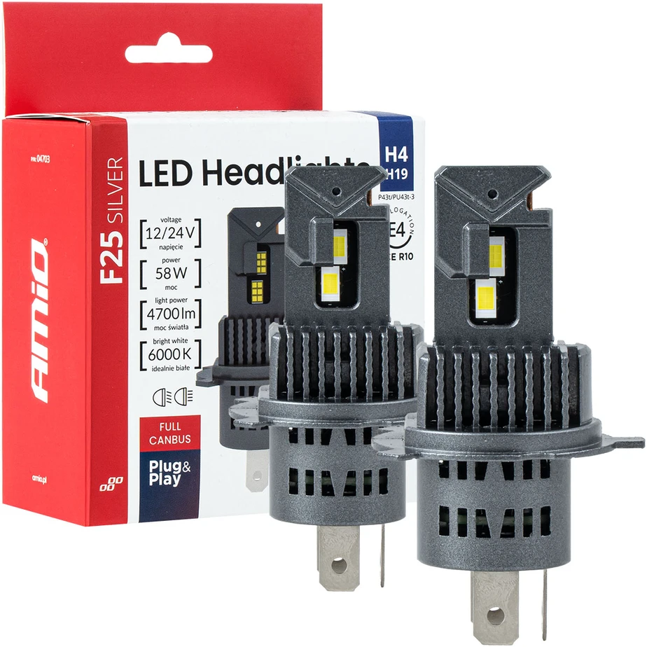 LED žibintų lemputės F25 Sidabrinis FULL CANBUS H4/H19 54/58W 12V 24V AMIO-04703
