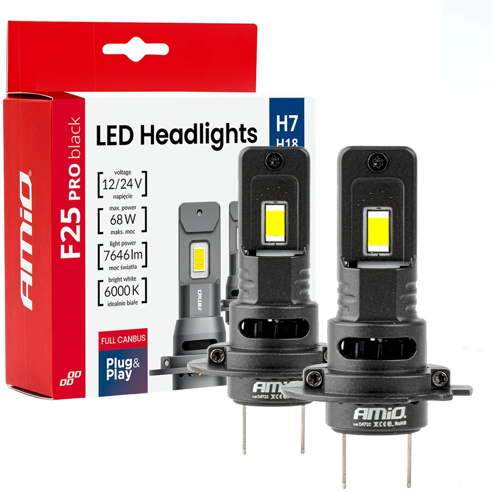 LED automobilių lemputės F25 Pro serijos juodos, „Full Canbus H7“ 68 W, 12 V, 24 V, amio-04720