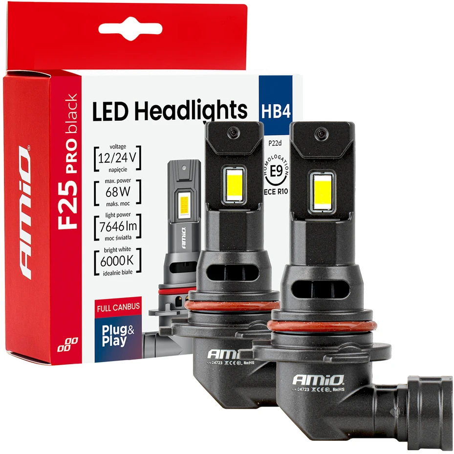 LED žibintų lemputės F25 PRO Juodas FULL CANBUS HB4 68W 12V 24V, AMIO-04723