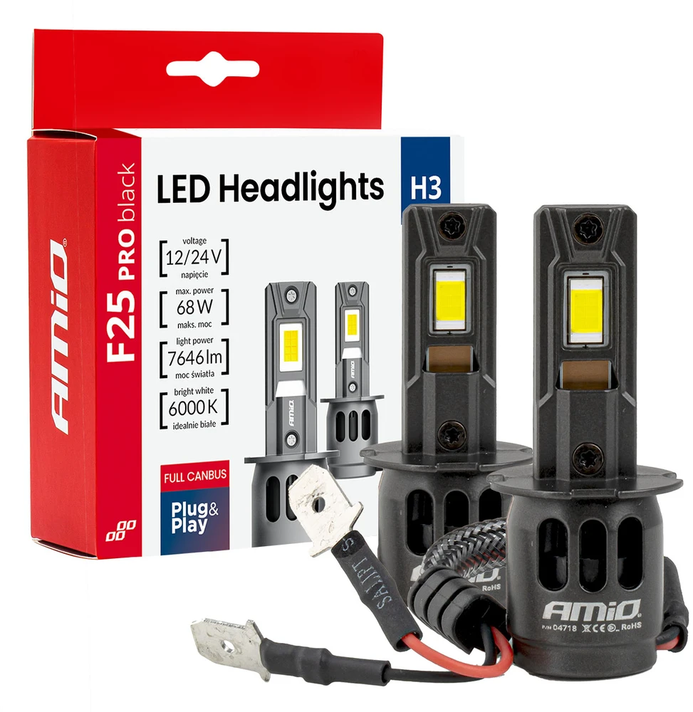 LED žibintų lemputės Series F25 PRO Juodas FULL CANBUS H3 68W 12V 24V, AMIO-04718