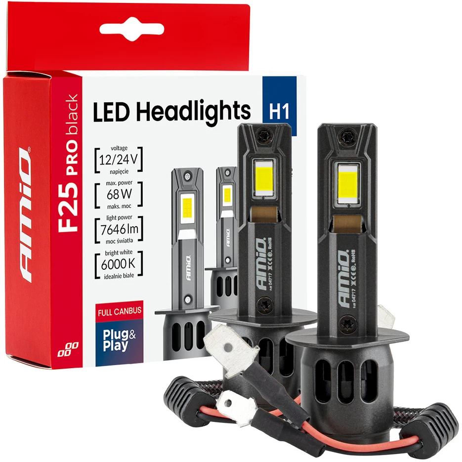 LED žibintų lemputės Series F25 PRO Juodas FULL CANBUS H1 68W 12V 24V AMIO-04717