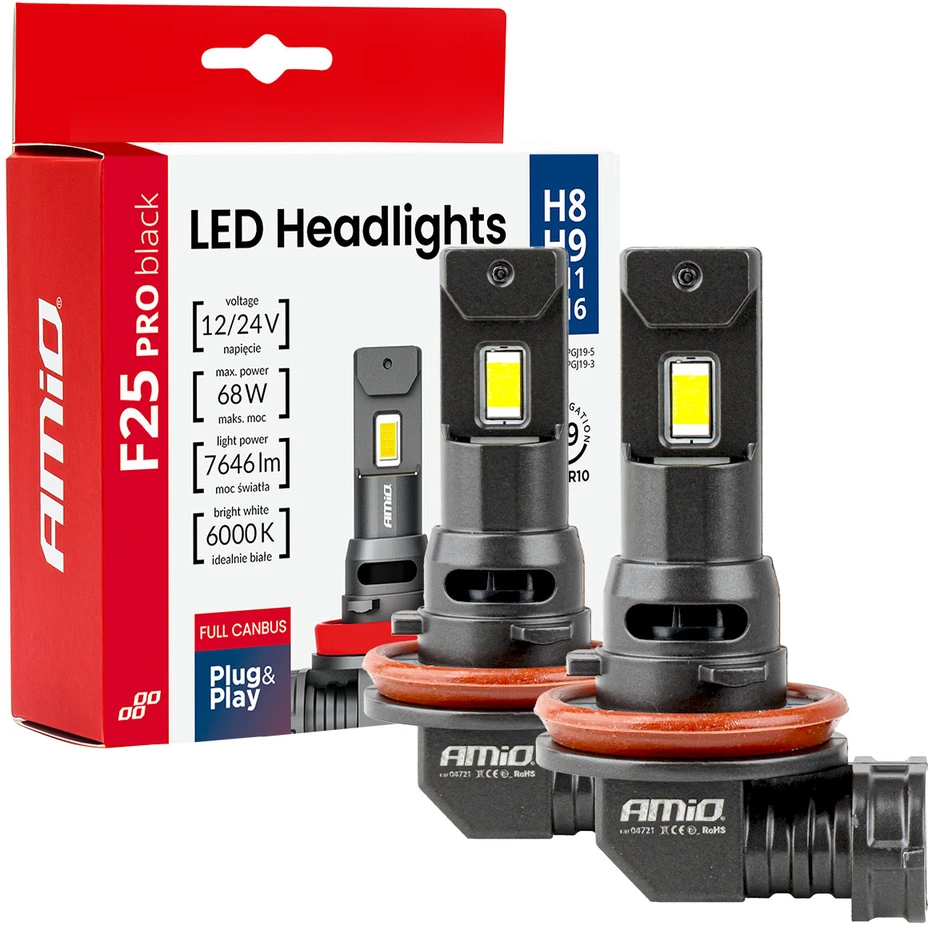LED žibintų lemputės F25 PRO Juodas FULL CANBUS H8 H9 H11 H16 68W 12V 24V AMIO-04721
