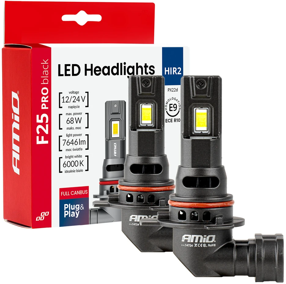 LED žibintų lemputės Series F25 PRO Juodas FULL CANBUS HIR2 68W 12V 24V, AMIO-04724