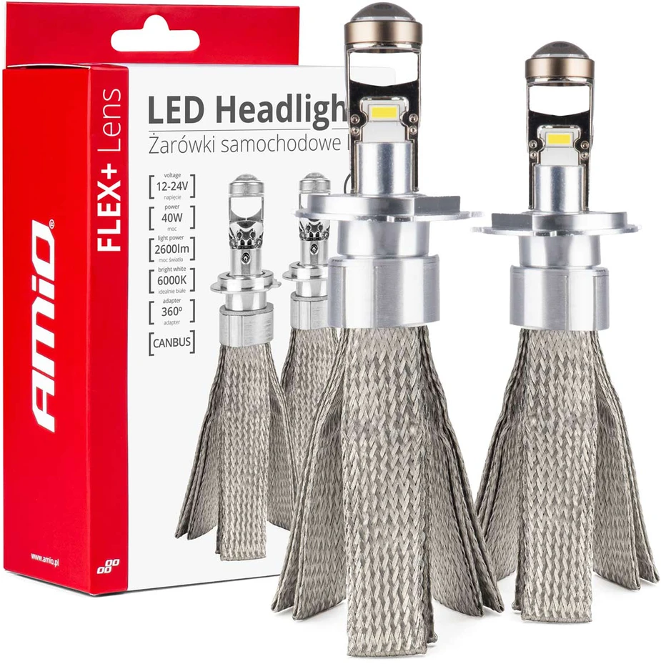 LED žibintų lemputės FLEX+ series H4 lens 12V 24V 6000K Canbus, 2 vnt. AMIO-03658