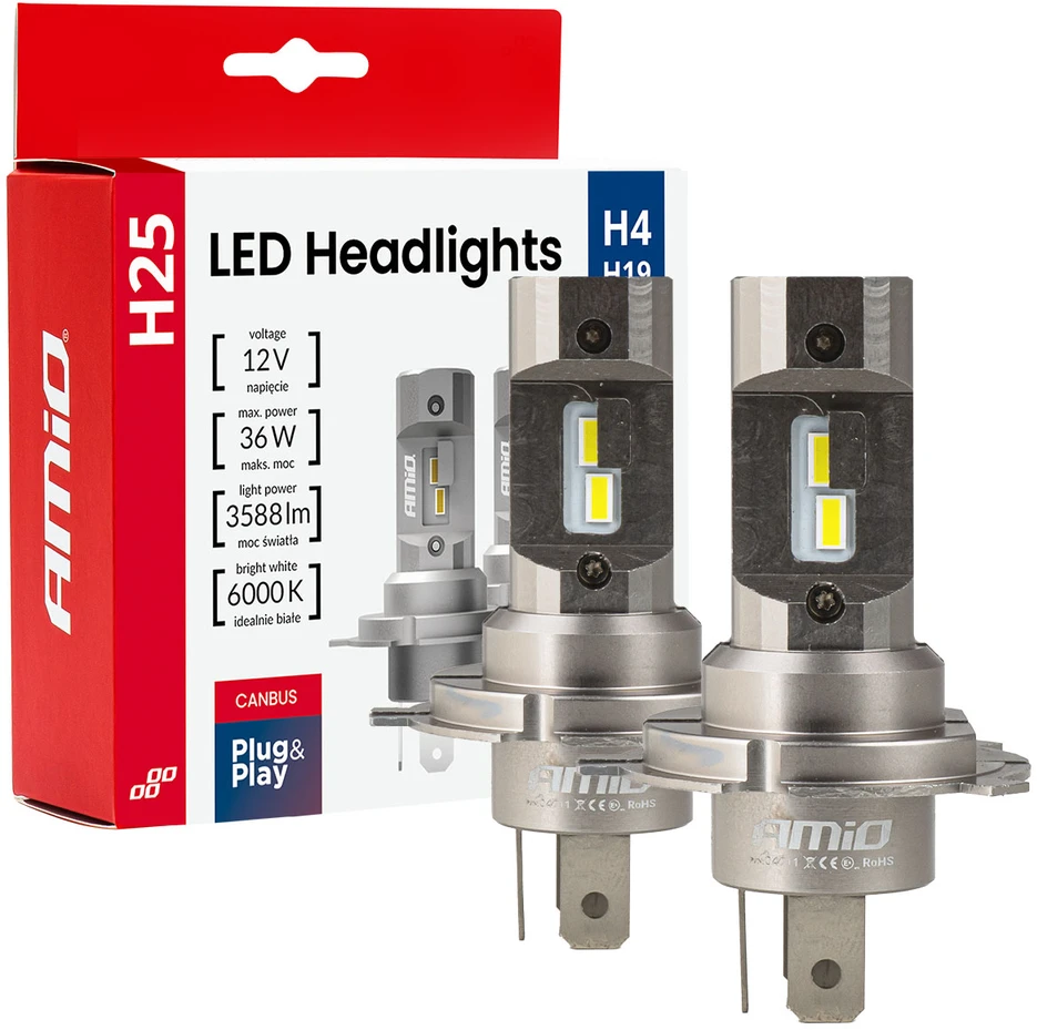 LED žibintų lemputės H25 CANBUS H4 H19 12V 36W, AMIO-04711