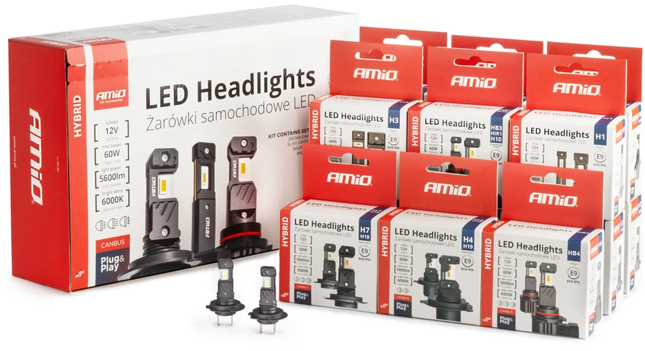 LED žibintų lempučių rinkinys 16 vnt., Hybrid series H1 H3 H4 H7 HB3 HB4 6000K Canbus, AMIO-04120