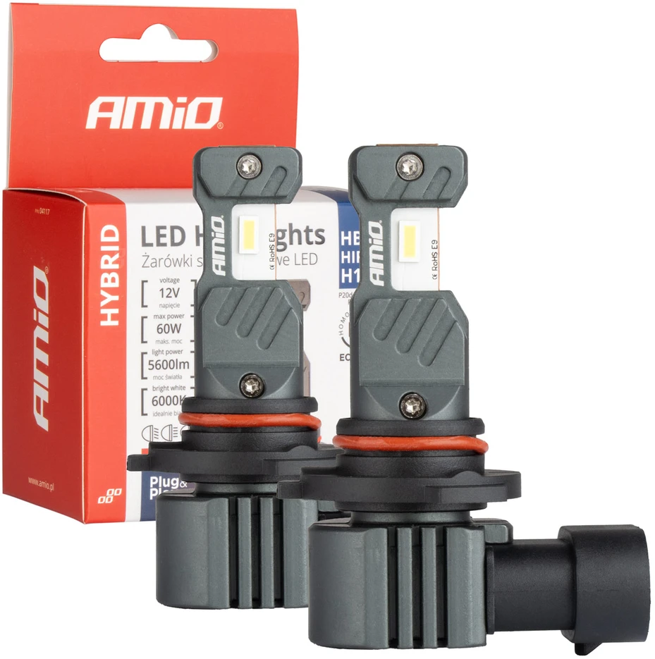 LED automobilių lemputės HYBRID serijos HB3 HIR1 H10 6000K Canbus 60W AMIO-04117, 2 vnt.