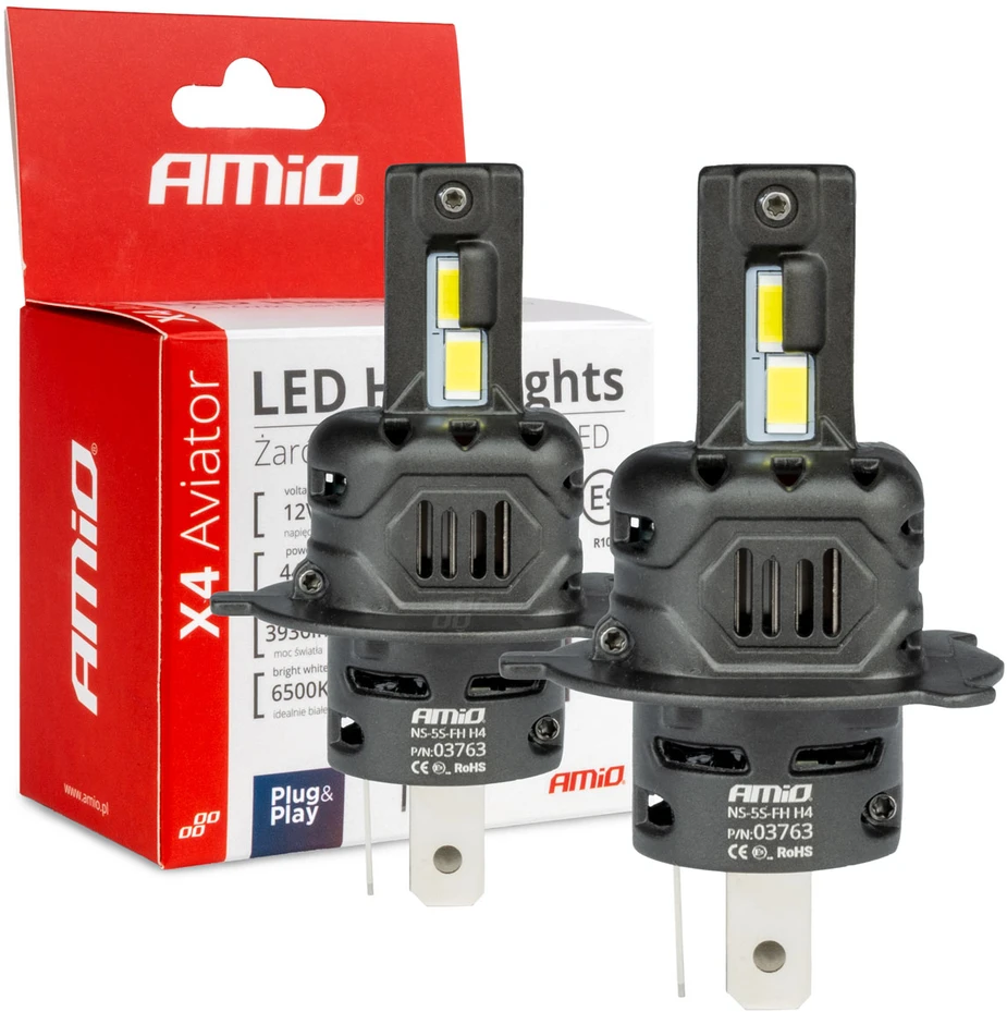 LED žibintų lemputės X4-series AVIATOR H4/H19 6500K max 44W AMIO-03763