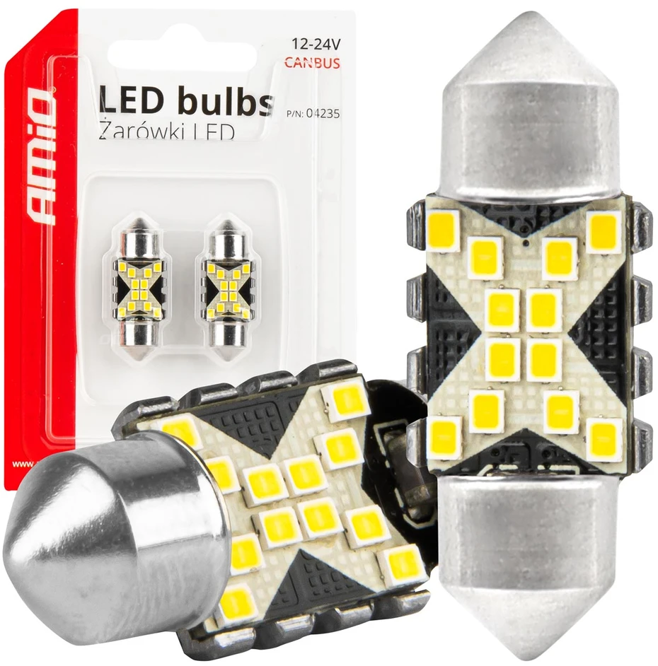 LED lemputės, Canbus, festoon, C5W, 12SMD, 2016, 31mm, baltos, 12V, 24V, amio-04235