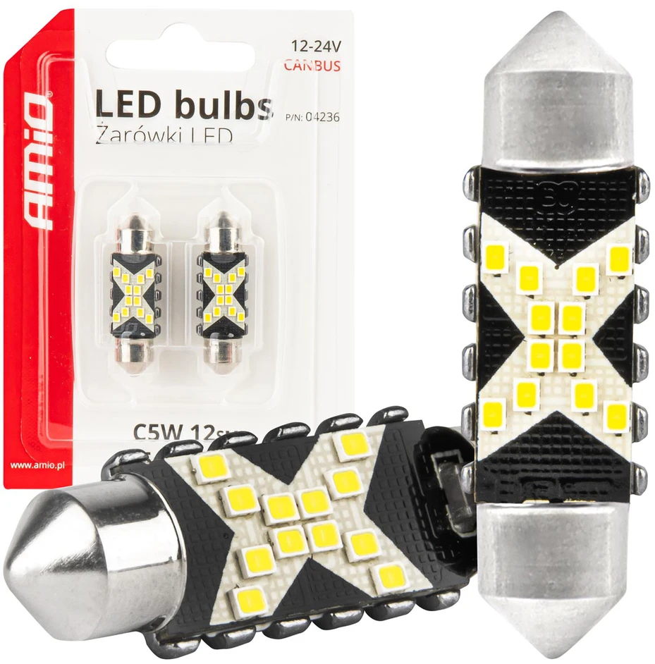 LED lemputės, Canbus, festoon, C5W, 12SMD, 2016, 36 mm, baltos, 12 V, 24 V, amio-04236