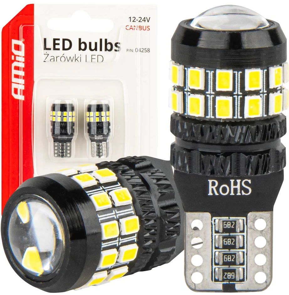 LED lemputės Canbus T10 W5W 27SMD 2016 baltos 12V 24V amio-04258