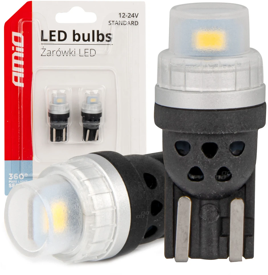 LED lemputės 360 grynos šviesos serijos standartinės T10 W5W 2x3020 SMD baltos 12V 24V amio-03726