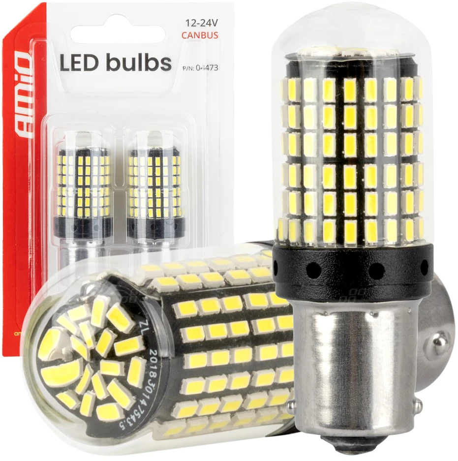 LED lemputės canbus ba15s p21w r10w r5w 600lm 144smd baltos 12v 24v amio-04473