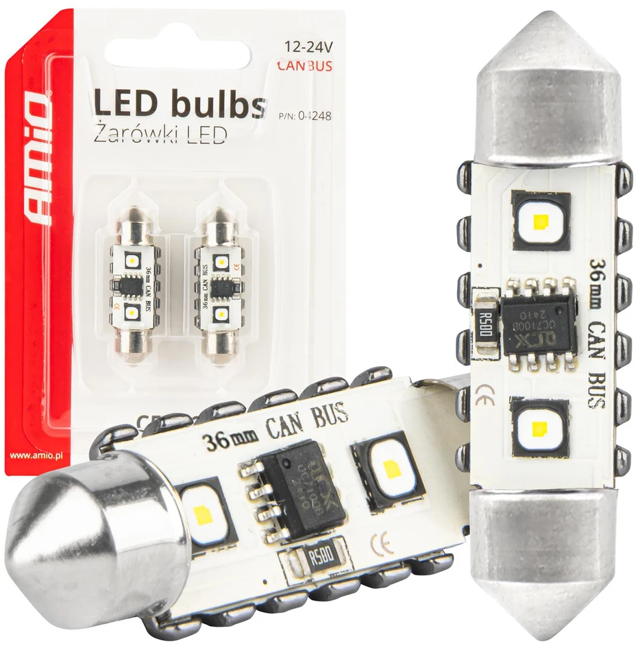 LED lemputės, Canbus, festoon, C5W, 2SMD, 3838, 36 mm, baltos, 12 V, 24 V, amio-04248