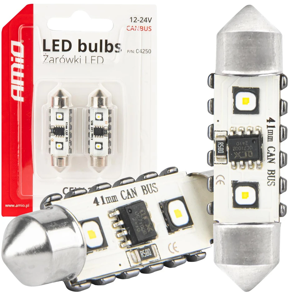LED lemputės, Canbus, festoon, C5W, 2SMD, 3838, 41 mm, baltos, 12 V, 24 V, amio-04250
