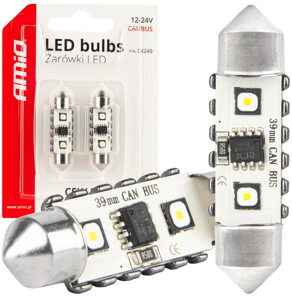 LED lemputės, Canbus, festoon, C5W, 2SMD, 3838, 39 mm, baltos, 12 V, 24 V, amio-04249