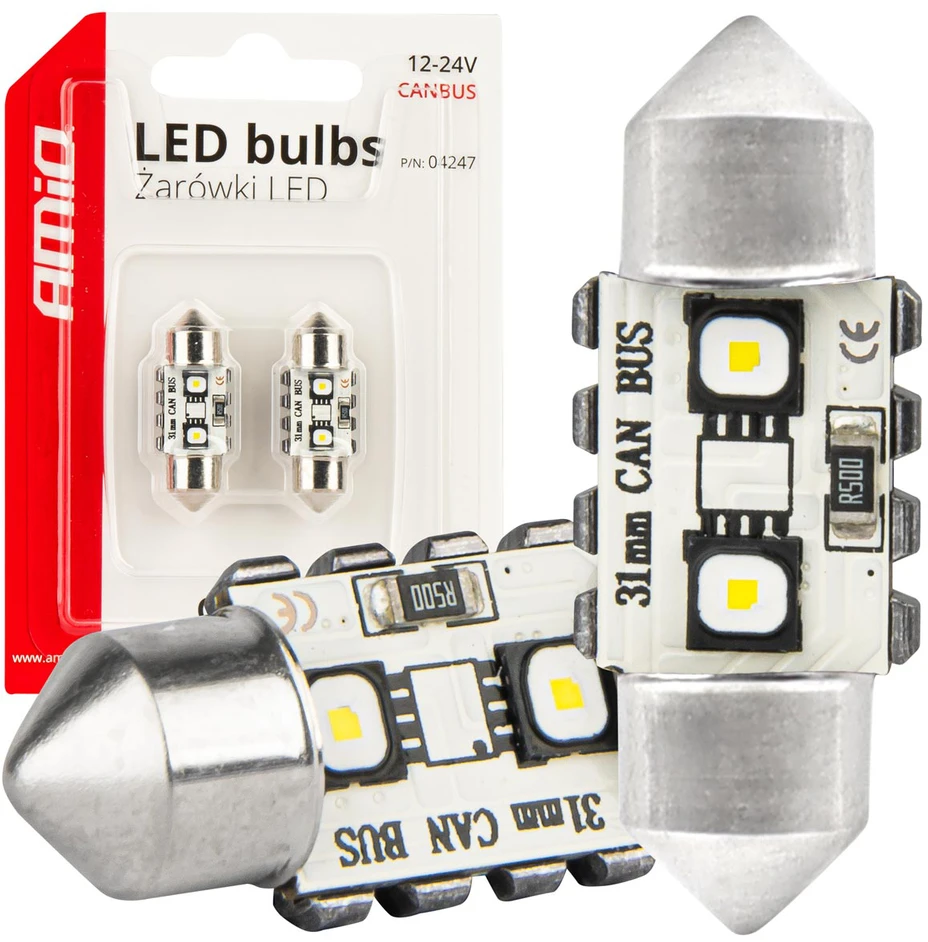 LED lemputės, Canbus, festoon, C5W, 2SMD, 3838, 31 mm, baltos, 12 V, 24 V, amio-04247