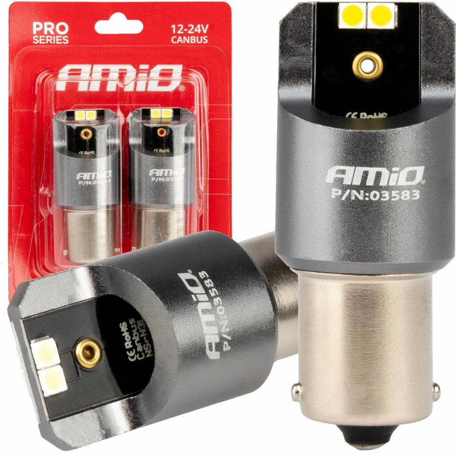 LED lemputės „Canbus Pro“ serijos BA15S P21W 4x3030 SMD baltos 12V 24V amio-03583