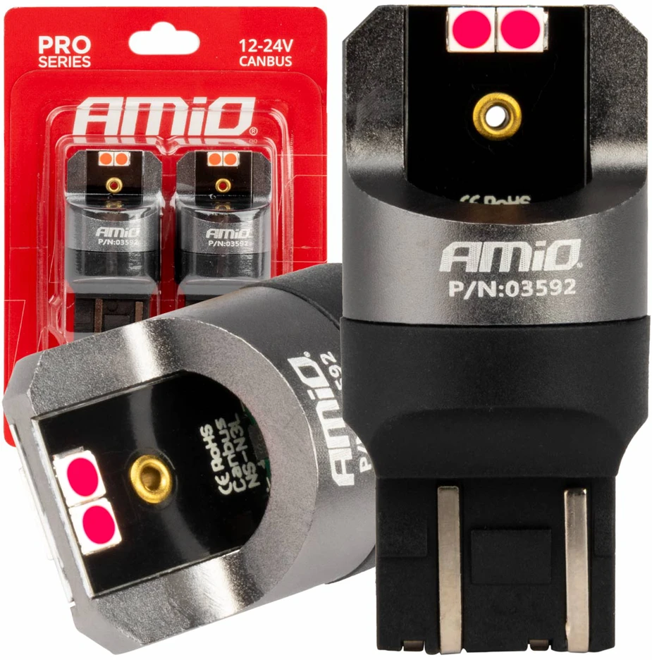 LED lemputės „Canbus Pro“ serijos, W21/5W, 4x3030, SMD, raudonos, 12 V, 24 V, amio-03592