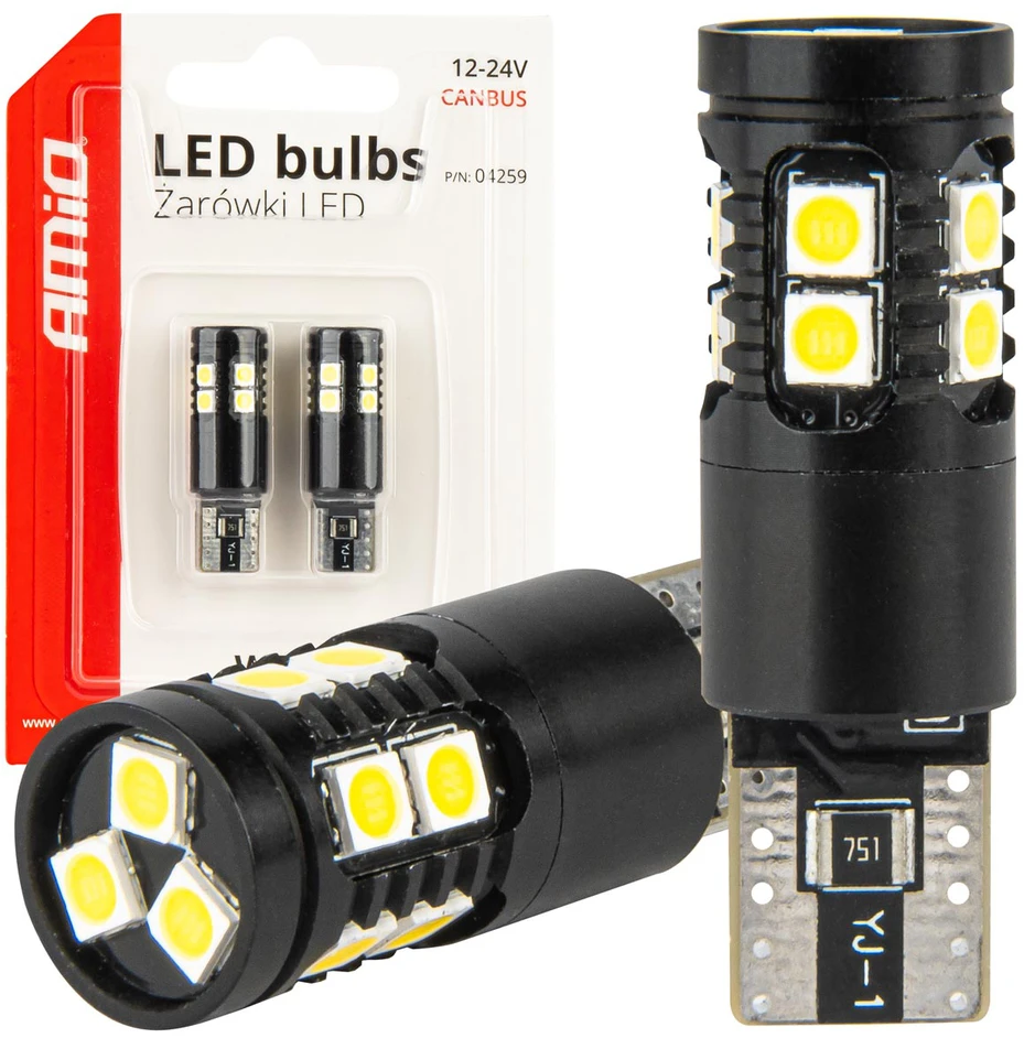 LED lemputės Canbus T10 W5W 13SMD 3030 baltos 12V 24V amio-04259