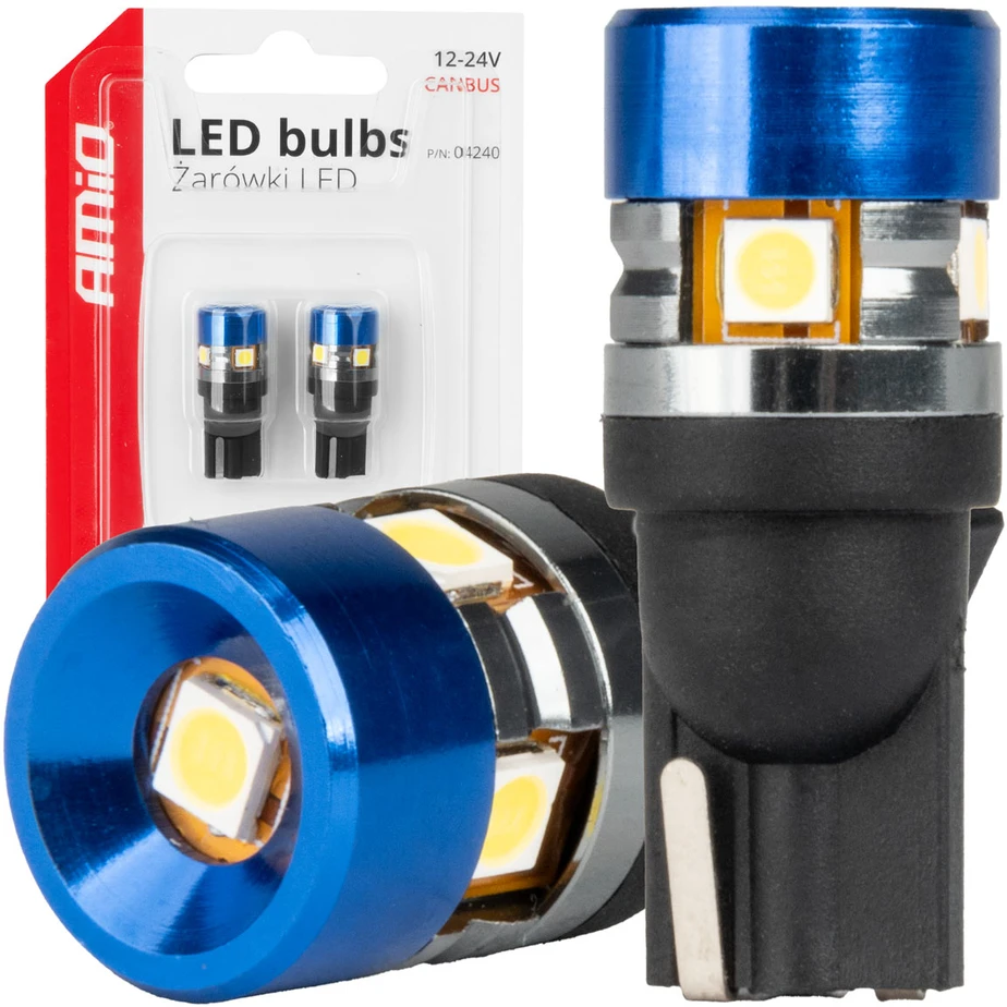 LED lemputės Canbus T10 W5W 5SMD 3030 baltos 12V 24V amio-04240