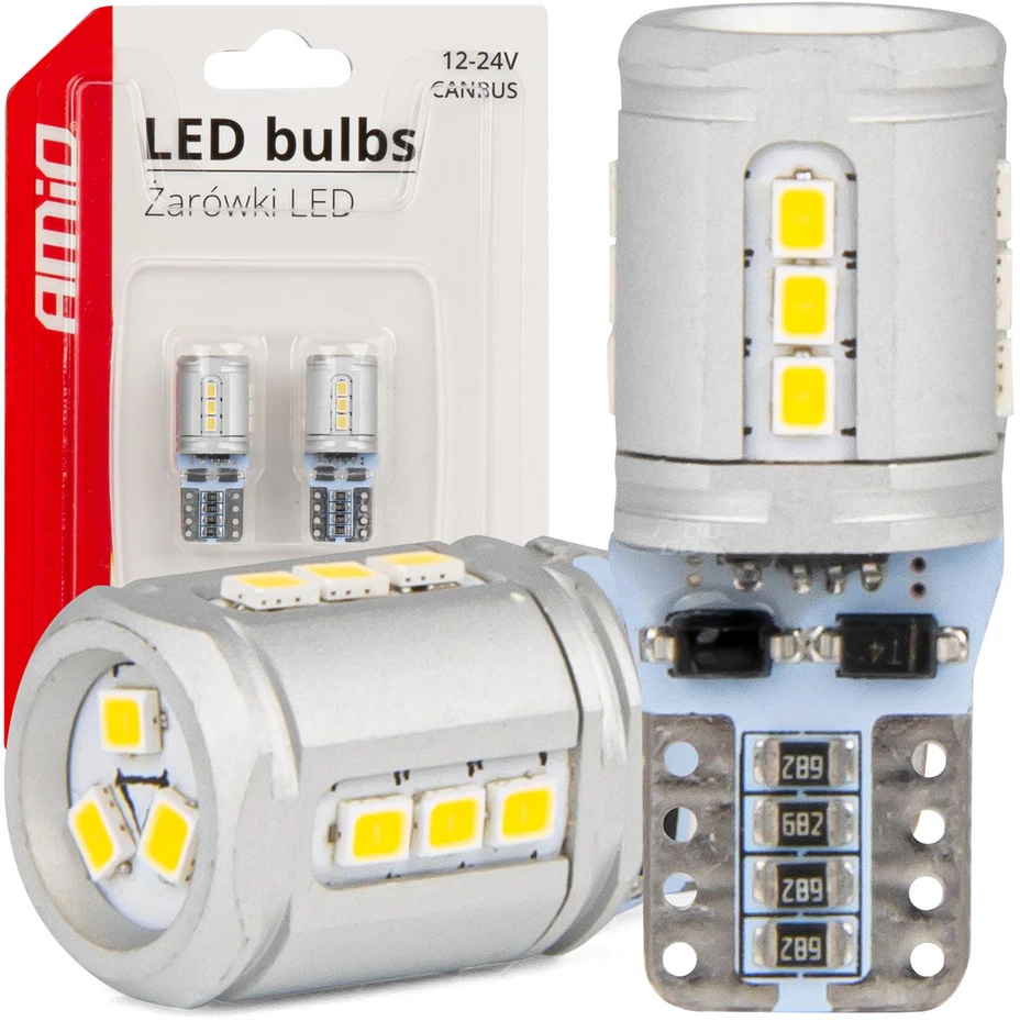 LED lemputės Canbus T10E W5W 15x2016 SMD baltos 12V 24V amio-03723
