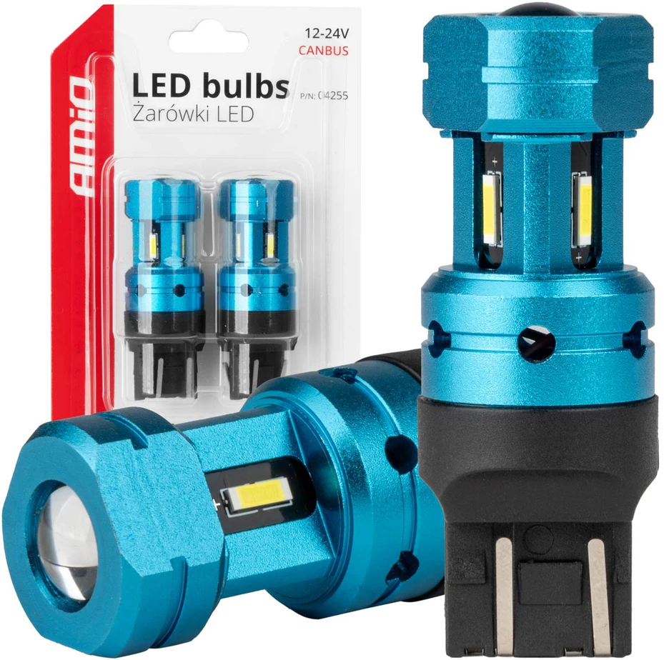 LED lemputės Canbus T20 7443 W21/5W 4SMD 1860 baltos 12V 24V amio-04255