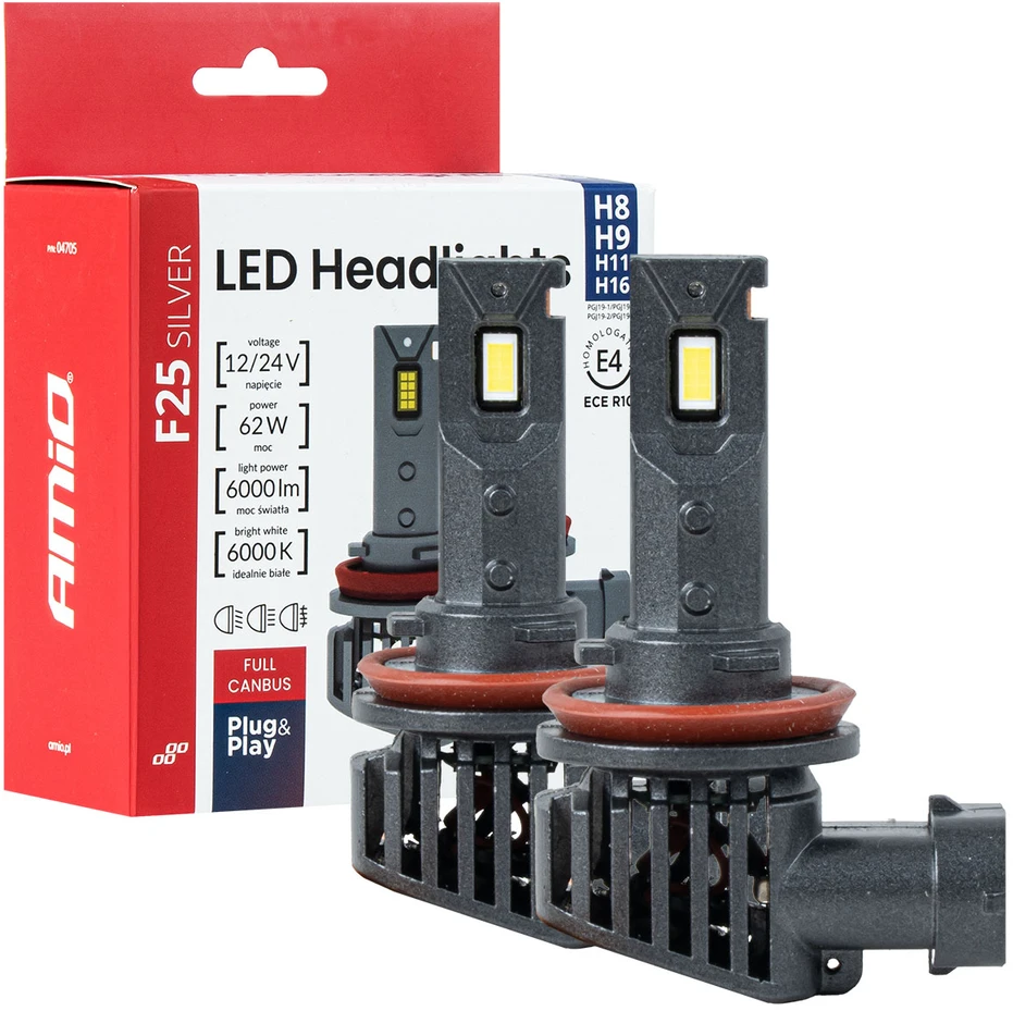LED žibintų lemputės F25 Sidabrinis FULL CANBUS H8/H9/H11/H16 62W 12V 24V AMIO-04705
