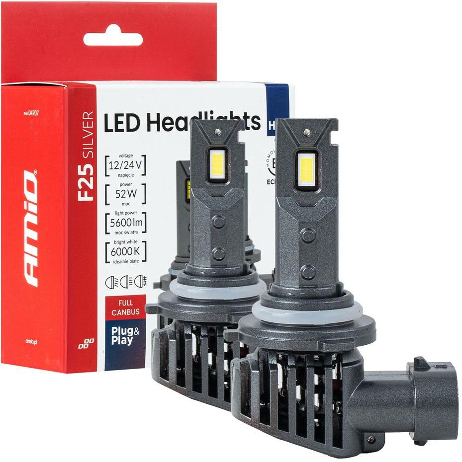 LED žibintų lemputės F25 Sidabrinis FULL CANBUS HB4 9006 52W 12V 24V AMIO-04707