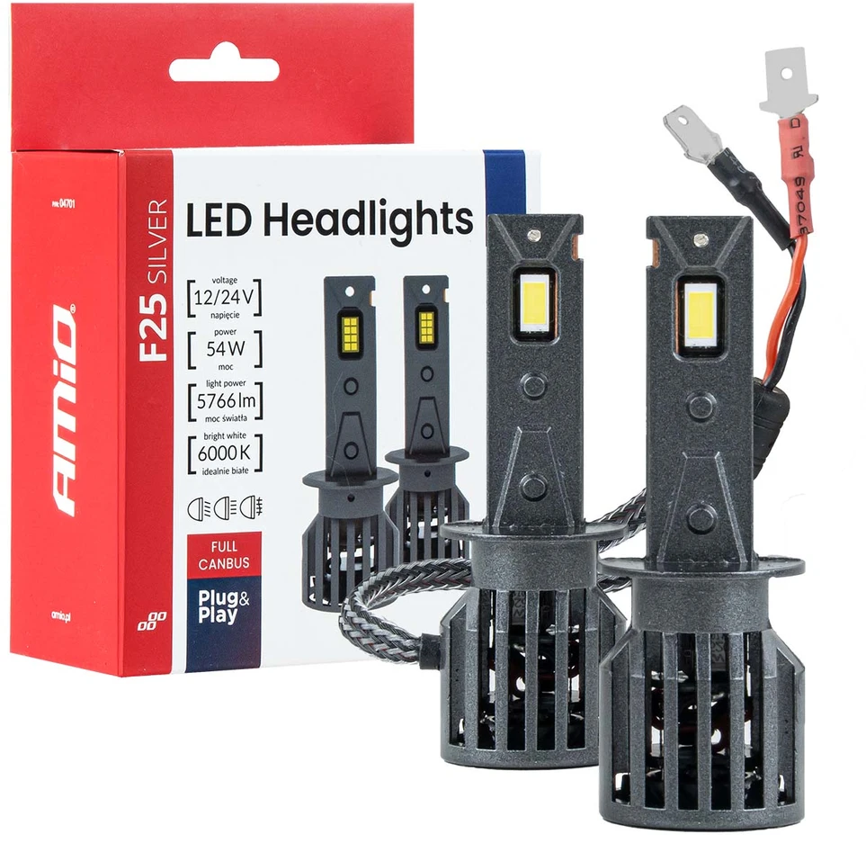 LED žibintų lemputės F25 Sidabrinis FULL CANBUS H1 54W 12V 24V AMIO-04701