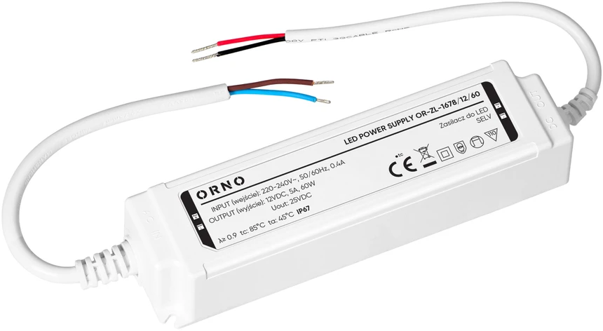 Zasilacz Maitinimo šaltinis LED maitinimo šaltinis, hermetiškas, 12V, 60W, IP67, plastikinis korpusas