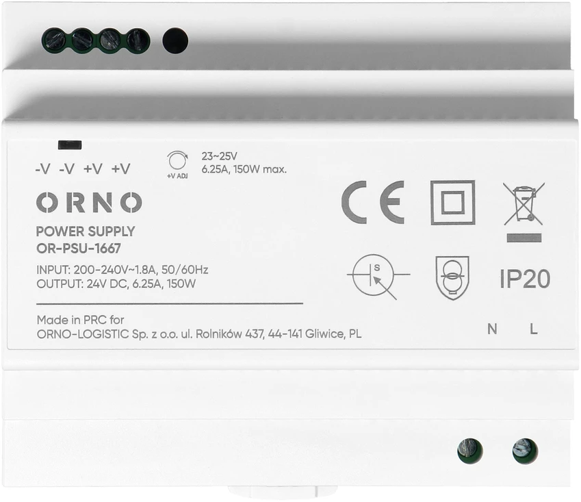 Orno Maitinimo šaltinis Maitinimo šaltinis, montuojamas ant DIN bėgelio, 24 V nuolatinės srovės, 6,25 A, 150 W, 6 moduliai