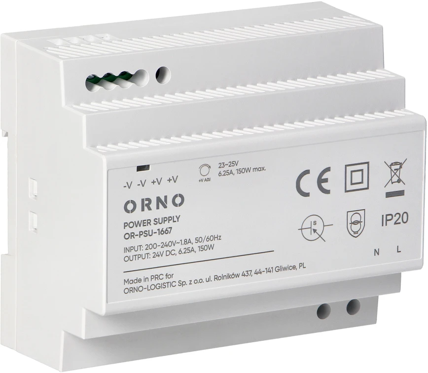 Orno Maitinimo šaltinis Maitinimo šaltinis, montuojamas ant DIN bėgelio, 24 V nuolatinės srovės, 6,25 A, 150 W, 6 moduliai