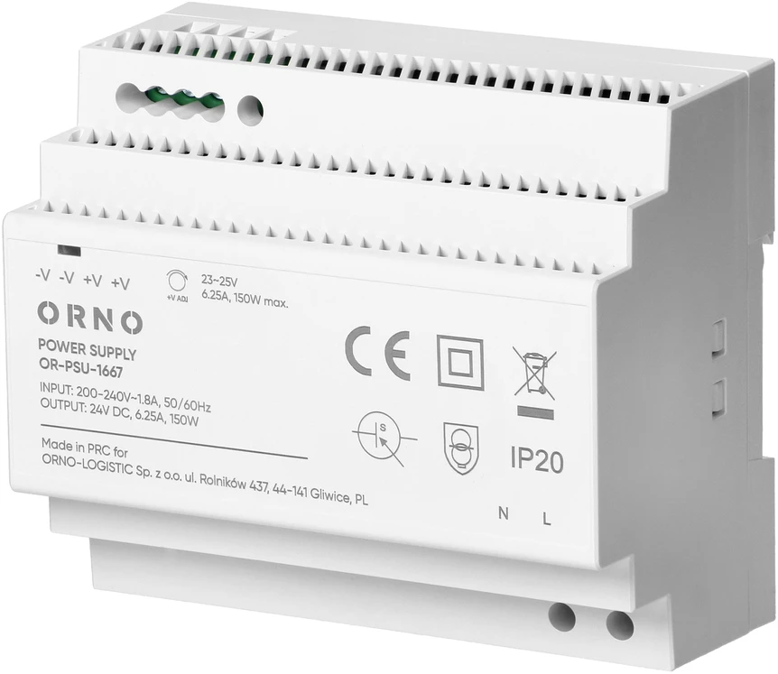 Orno Maitinimo šaltinis Maitinimo šaltinis, montuojamas ant DIN bėgelio, 24 V nuolatinės srovės, 6,25 A, 150 W, 6 moduliai