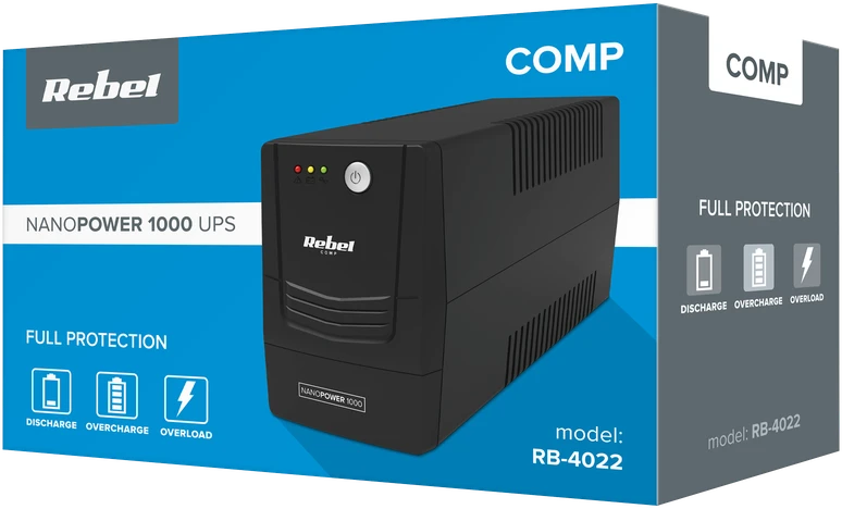 Nepertraukiamo maitinimo šaltinis UPS REBEL modelis Nanopower 1000 atsijungus 1000VA 600W 230V 50Hz