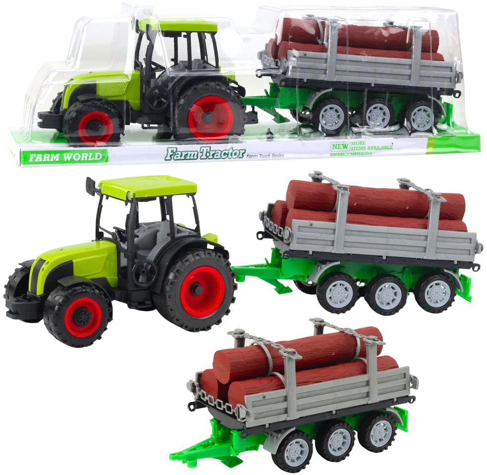 Lean Toys Žaislinis žalias traktorius su rąstų priekaba, 47 cm