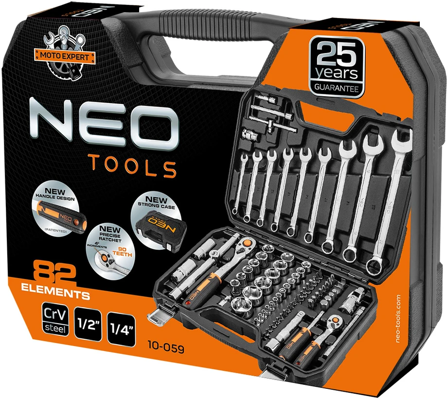 Neo Tools Rinkinys 1/2", 1/4", 82 dalių CrV tipo veržliarakčių rinkinys