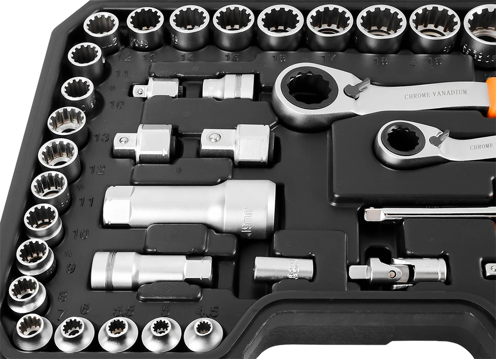 Neo Tools Rinkinys 1/4", 3/8", 46 vnt. CrV praleidžiamųjų galvučių rinkinys