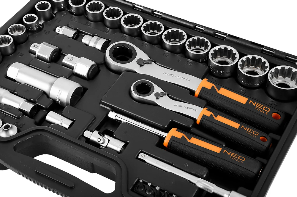 Neo Tools Rinkinys 1/4", 3/8", 46 vnt. CrV praleidžiamųjų galvučių rinkinys