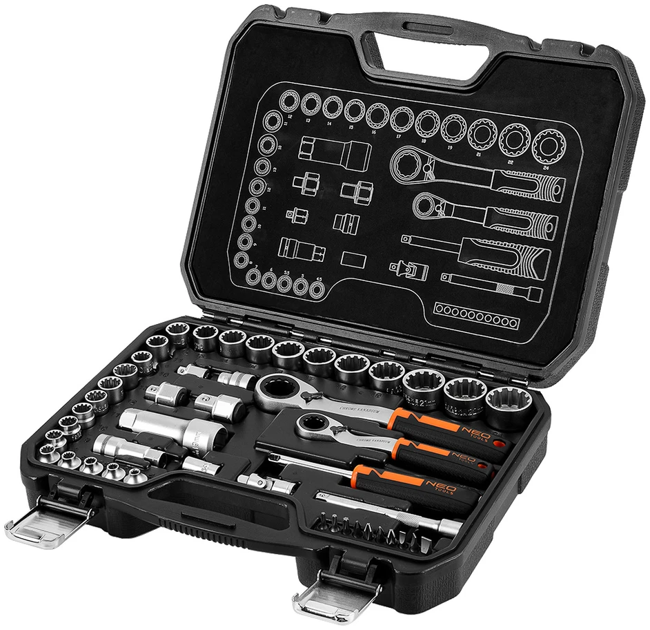 Neo Tools Rinkinys 1/4", 3/8", 46 vnt. CrV praleidžiamųjų galvučių rinkinys