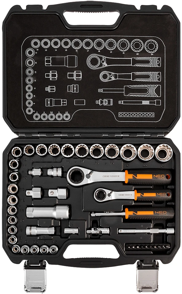Neo Tools Rinkinys 1/4", 3/8", 46 vnt. CrV praleidžiamųjų galvučių rinkinys
