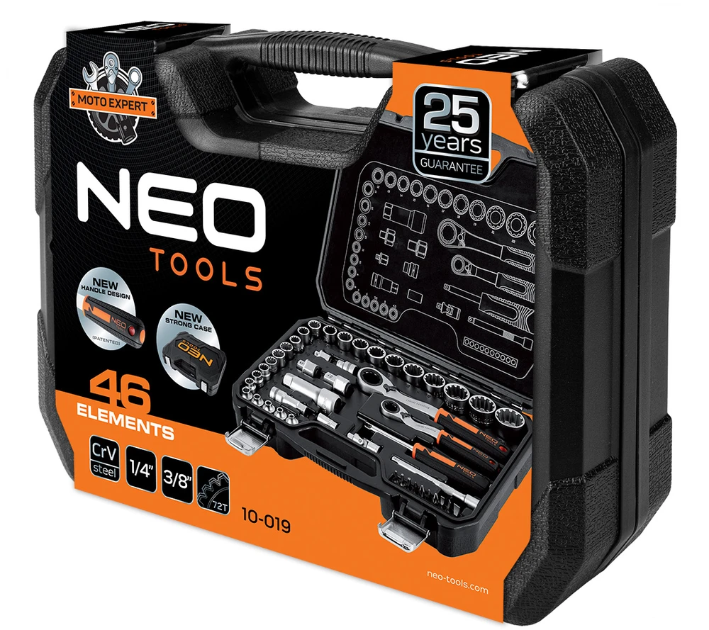 Neo Tools Rinkinys 1/4", 3/8", 46 vnt. CrV praleidžiamųjų galvučių rinkinys