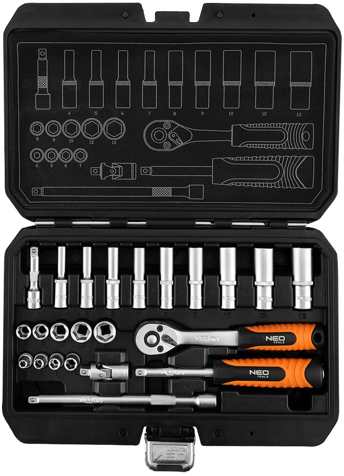 Zestaw Rinkinys 1/4" galvučių raktų rinkinys, 23 vnt., satininis