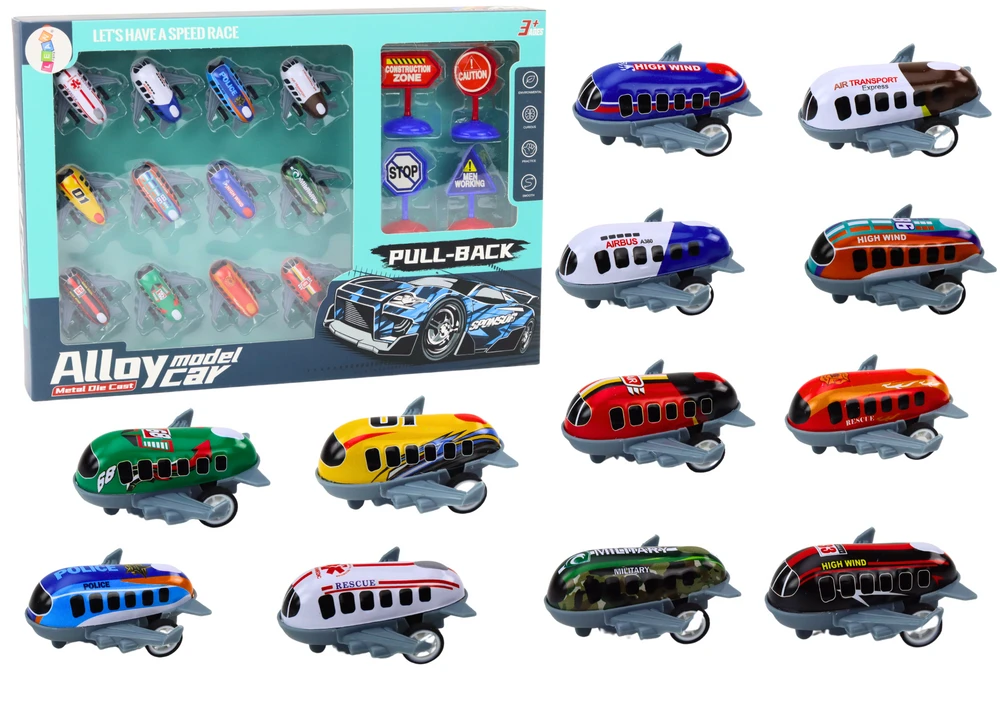 Lean Toys 12 Žaislinių Automobilių ir Lėktuvų Rinkinys su Kelio Ženklais