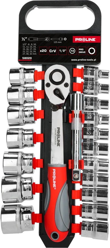 Zestaw Rinkinys 20 galvučių rinkinys, CRV, 1/2", 8-32 mm, prailginimas, proline