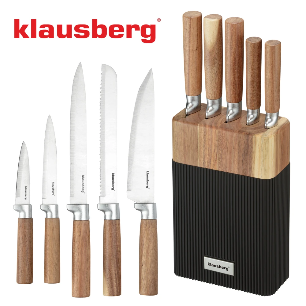 Rinkinys 6 dalių peilių rinkinys su akacijos blokeliu, nerūdijančio plieno, Klausberg, kb-7981