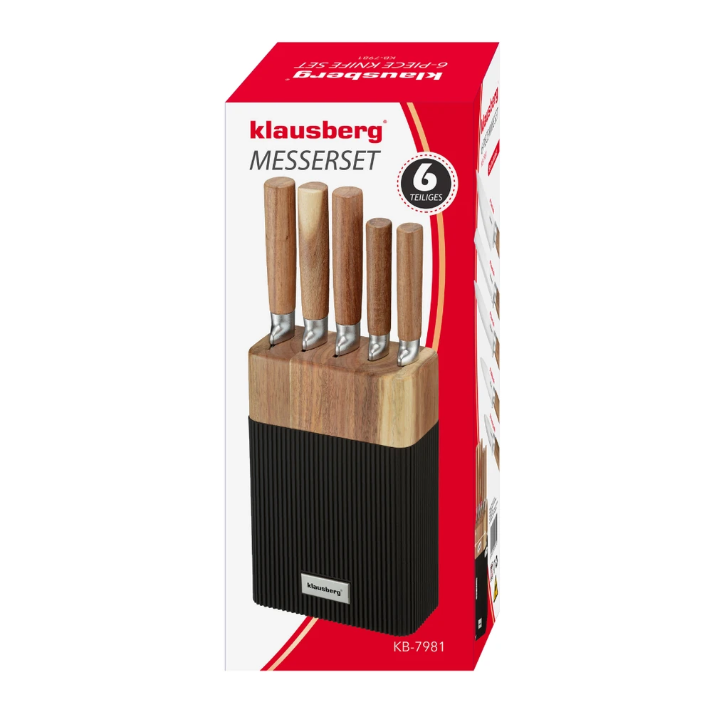 Rinkinys 6 dalių peilių rinkinys su akacijos blokeliu, nerūdijančio plieno, Klausberg, kb-7981