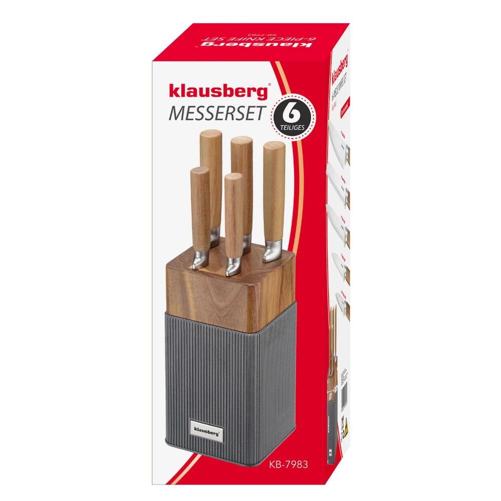 Rinkinys 6 dalių peilių rinkinys su akacijos blokeliu, nerūdijančio plieno, Klausberg, kb-7983